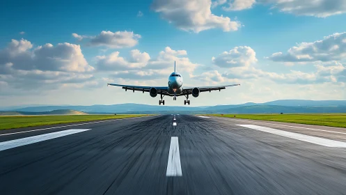 Commercial jet landing on runway under partly cloudy sky.