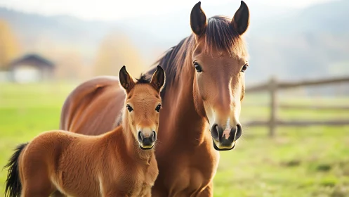 Gentle mare and curious foal sharing a sunny pasture moment.