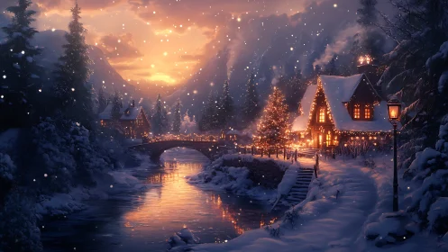 Snow-covered riverside village glows under warm twilight sky
