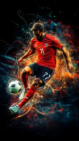 Electric soccer striker controls ball amid neon motion