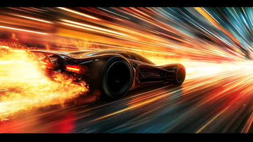 Futuristic hypercar explodes through neon light tunnel