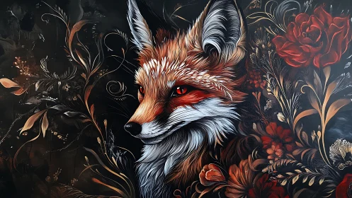 Vivid fox portrait glows amid dark floral swirls and embers
