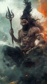 Mythic ascetic warrior levitates in storm-laden atmospheric clouds