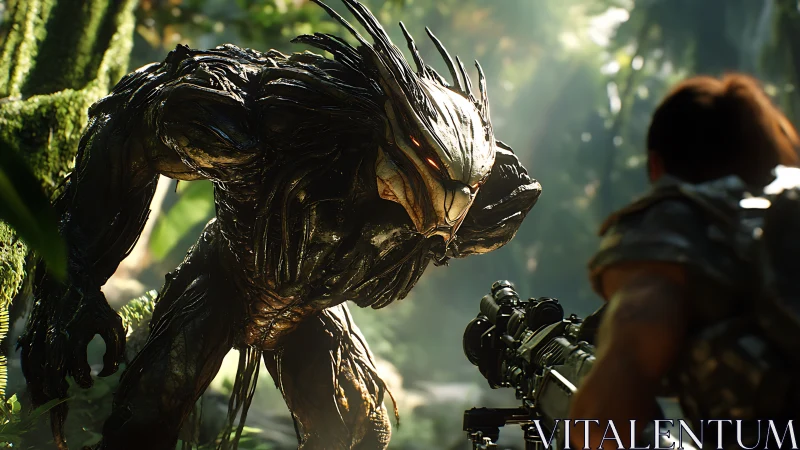 Alien beast confronting armored soldier in lush jungle standoff.