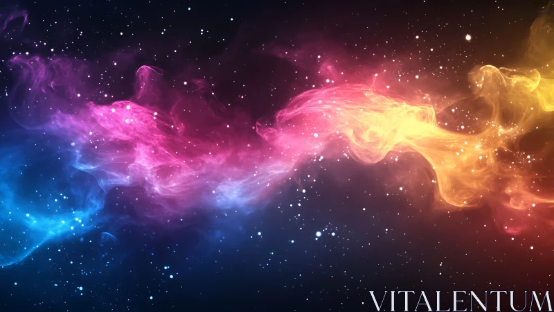 Vibrant cosmic nebula waves blend blue, pink, and gold light.