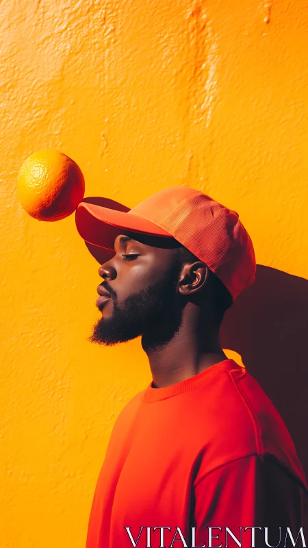 Vibrant portrait with levitating orange against chroma wall.