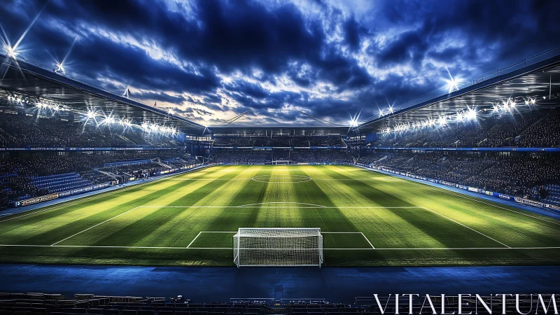 Floodlit football stadium shows empty pitch before night match