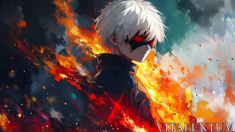 Storm-eyed fire wielder standing in swirling night flames.