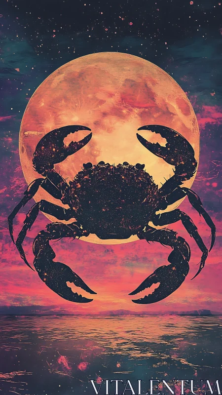 Celestial crab silhouette eclipses a glowing cosmic moon