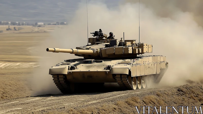 Desert battle tank advances through dust on rugged track