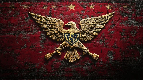 Relief eagle emblem with crossed rifles on worn red field