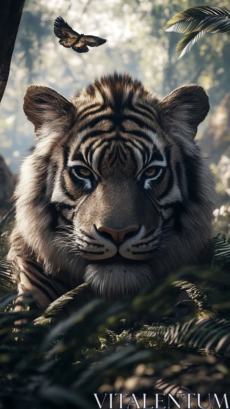 Gentle jungle tiger resting in dappled morning light.