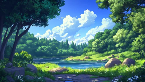 Serene River Valley Surrounded by Lush Green Forest