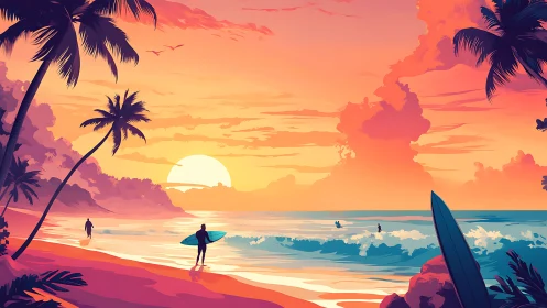 Sunset surf shoreline rendered in high-saturation vector gradients