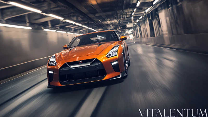 Orange sports coupe moving through illuminated tunnel at speed.