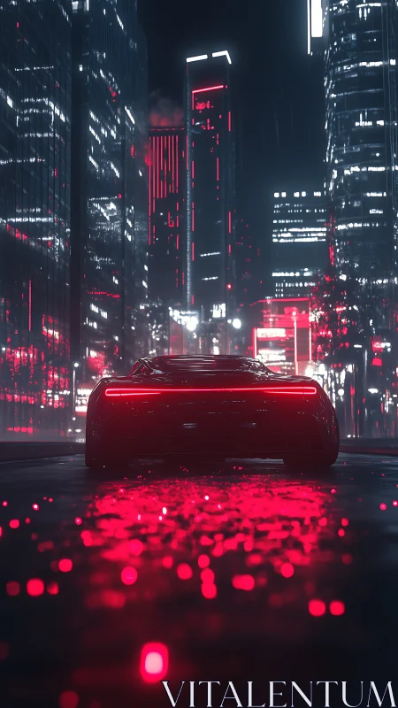 Rear neon hypercar in rain-soaked cybernetic megacity grid.