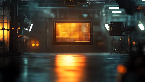 Warm glowing screen hovering in a moody tech studio.