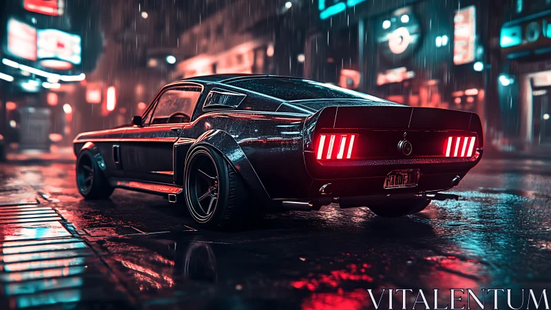 Retro sports car on wet neon city street at night scene.