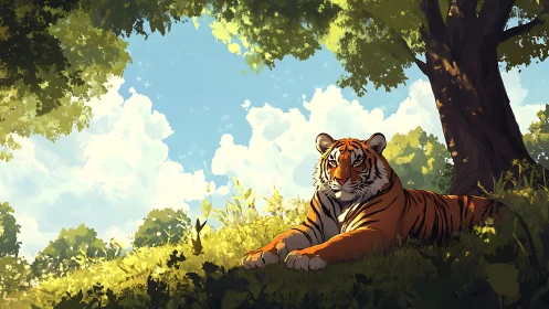 Tiger rests under dappled forest light in summer shade.