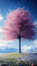Solitary cherry tree in bloom above alpine wildflower field.
