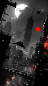 Twin moons stalk a crimson‑lit cyberpunk nightscape