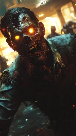 Glowing-eyed zombie lunges through neon-soaked urban chaos.