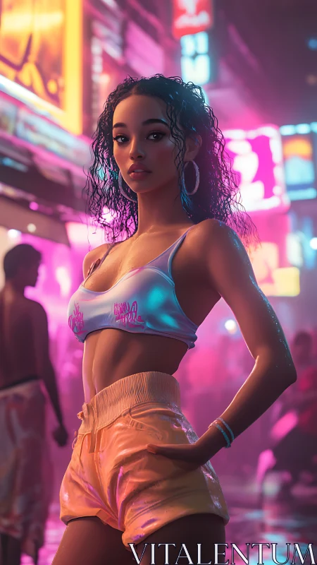 Confident night stroll under neon city glow and color.