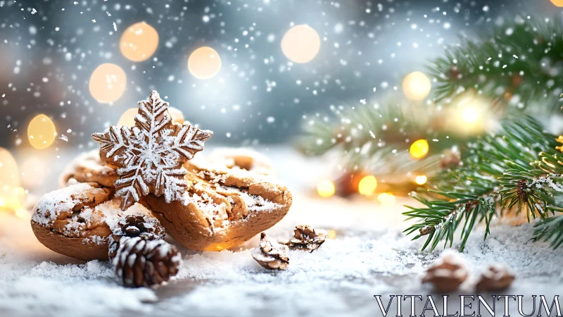 Snow-dusted gingerbread cookies amid glowing festive bokeh.