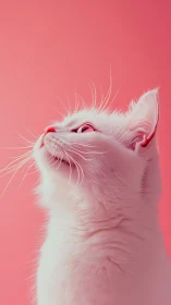 White cat gazing upward against solid pink background