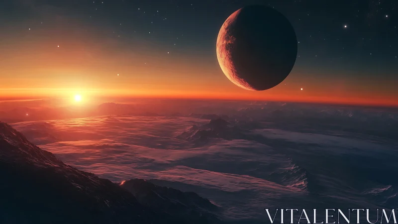 Distant planetary horizon at sunset with large dark moon.