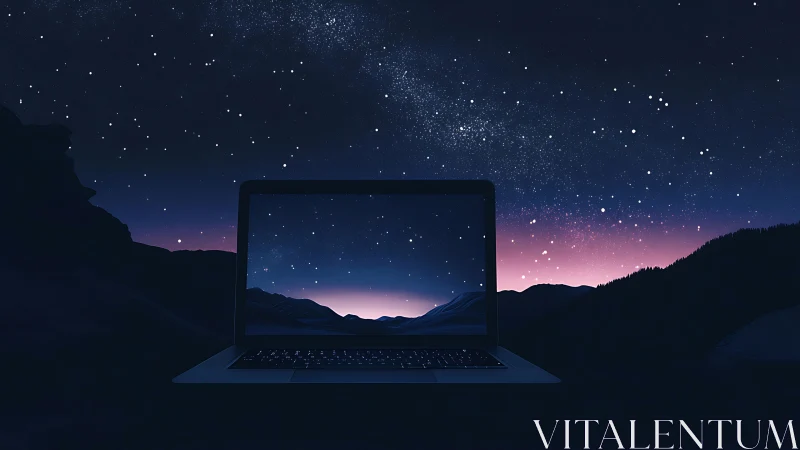 Laptop glows beneath a starry night sky in serene mountains