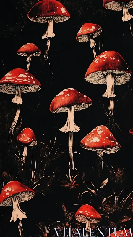 Red toadstool mushroom pattern on dark forest background.