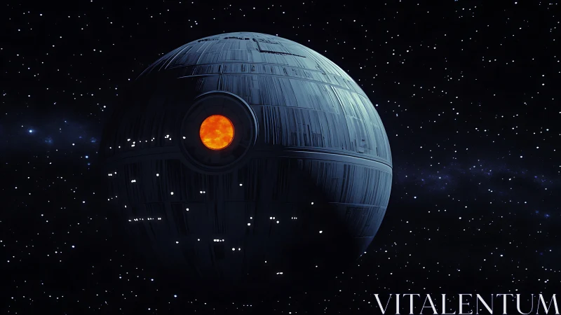 Spherical space battle station in deep starfield environment.