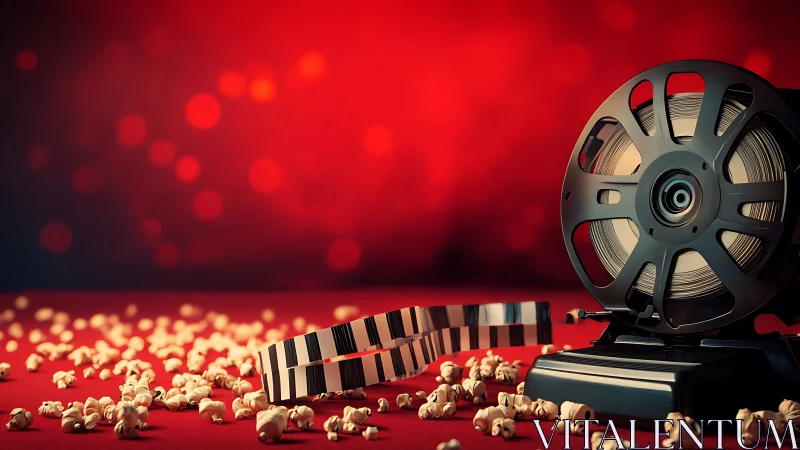 Vintage film reel and popcorn on vivid red cinema stage.