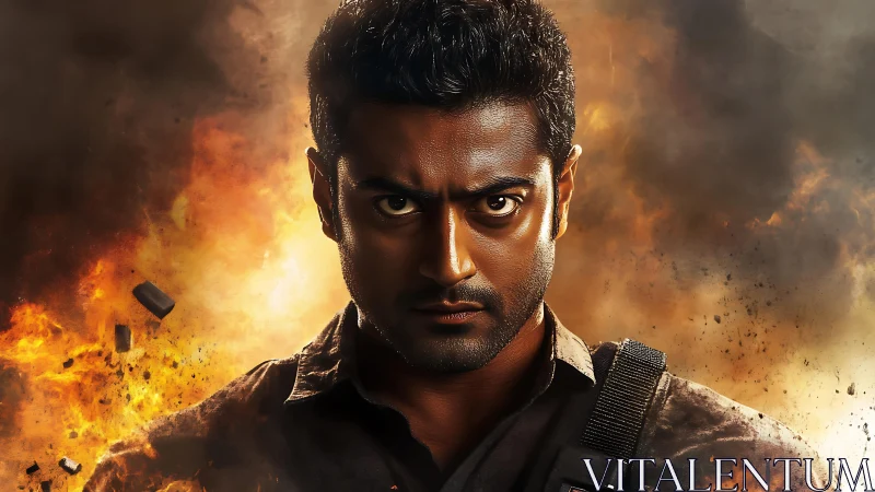 Intense action hero portrait set against fiery explosion backdrop