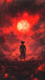 Silhouetted warrior under a red burning sky at dusk.