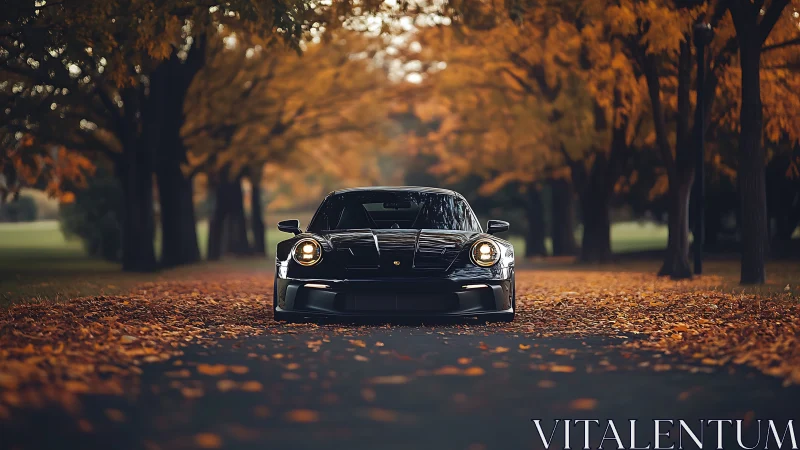Low-angle front view sports coupe on leaf-covered autumn road