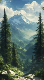 Sunlit mountain valley wrapped in peaceful evergreen forest.