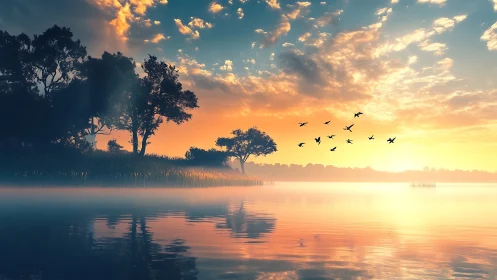 Soft sunrise over misty lake with drifting birds in flight.