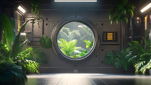 Futuristic space station greenhouse window glows with lush life