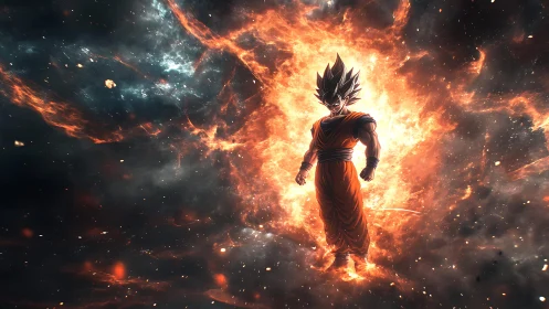 Anime warrior figure in fiery cosmic energy field backdrop.