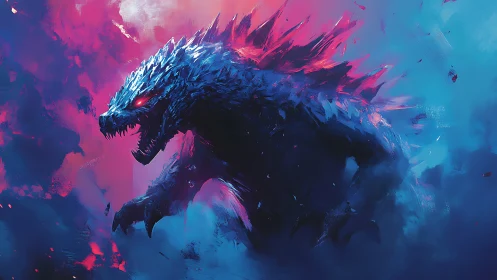 Roaring neon kaiju emerging from swirling cosmic clouds.