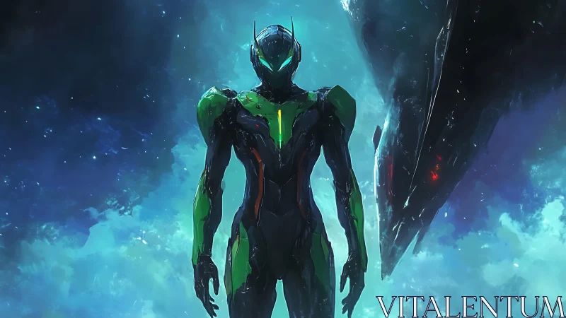 Armored exosuit pilot stands against nebula with looming alien craft