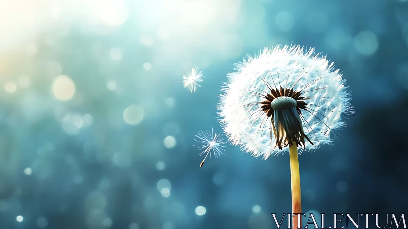 Dandelion seed head with dispersed seeds against blue bokeh.