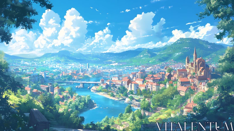 Sunlit riverside cityscape beneath sweeping summer clouds.