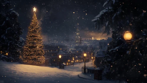 Snowy town square shows large lit Christmas tree at night