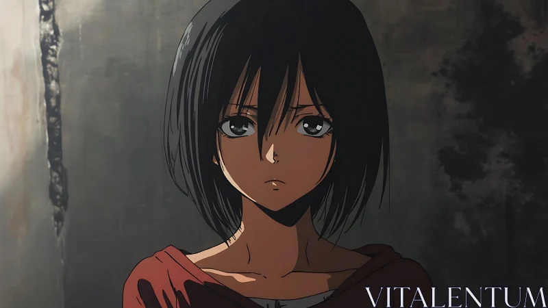 Anime girl with short dark hair against worn concrete wall.