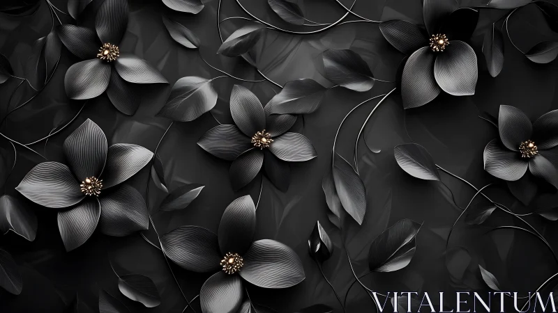 Monochromatic Floral Composition with Metallic Centers and Dynamic Flowing Stems.