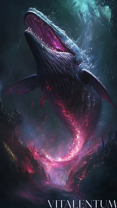 Bioluminescent leviathan breaches abyssal trench in luminous vortex