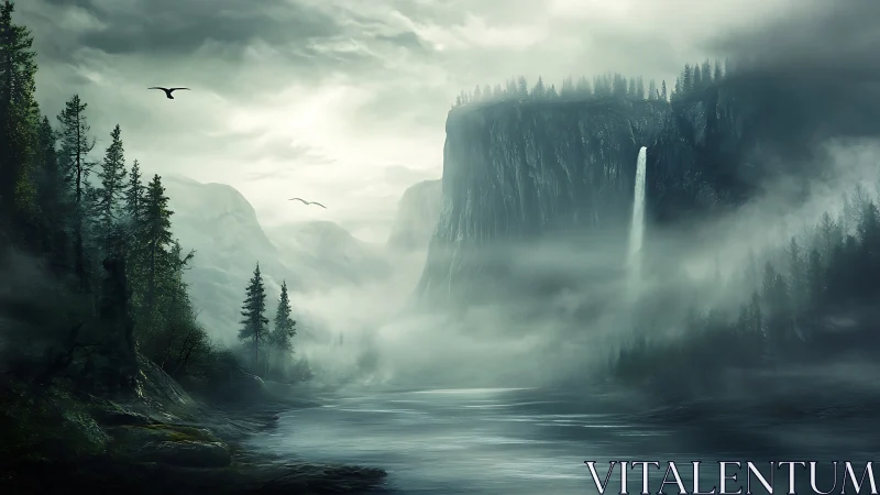 Misty canyon river with towering cliffs and lone waterfall.